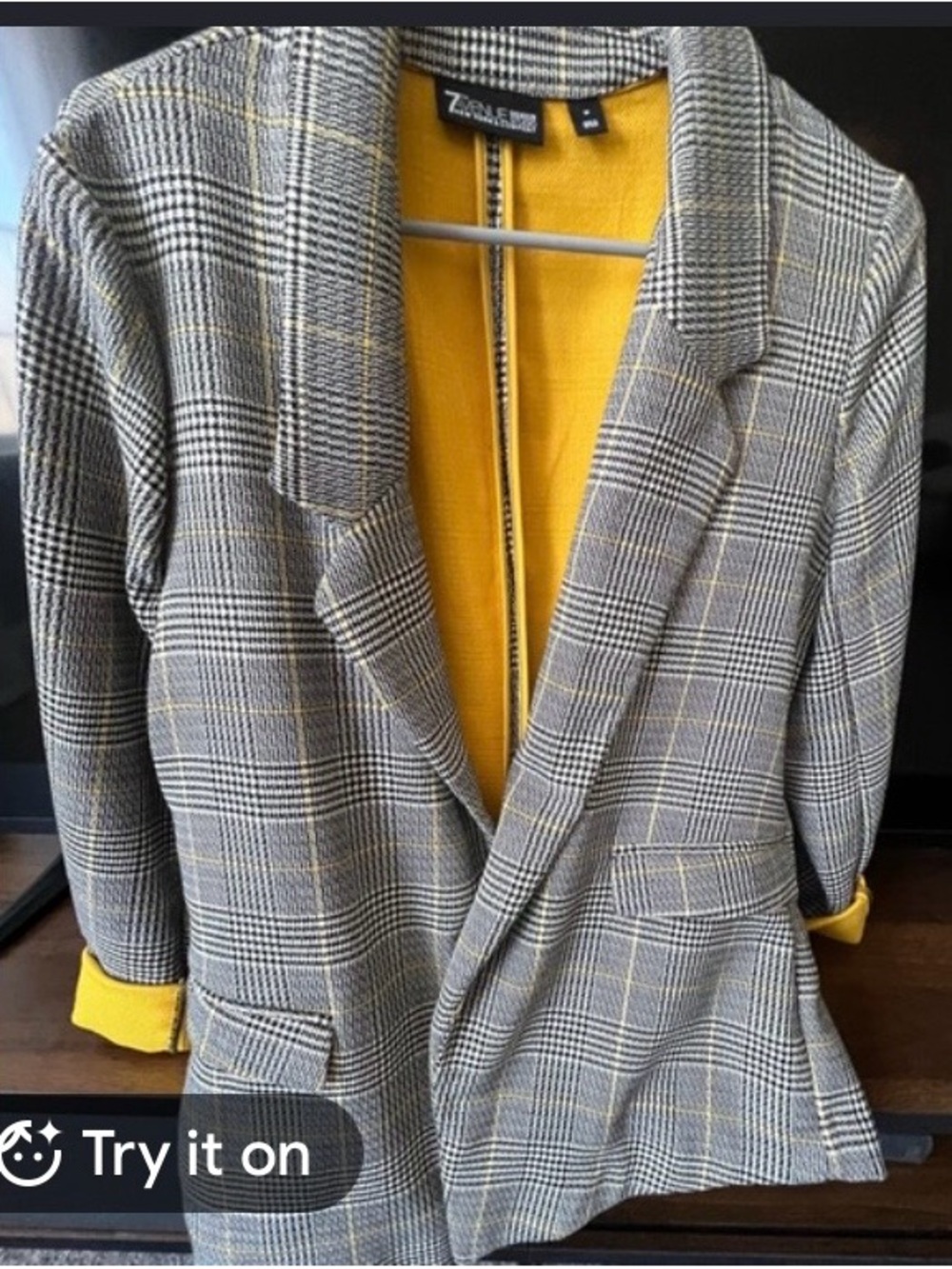 New York & Company Gray Plaid Blazer with Yellow Lining